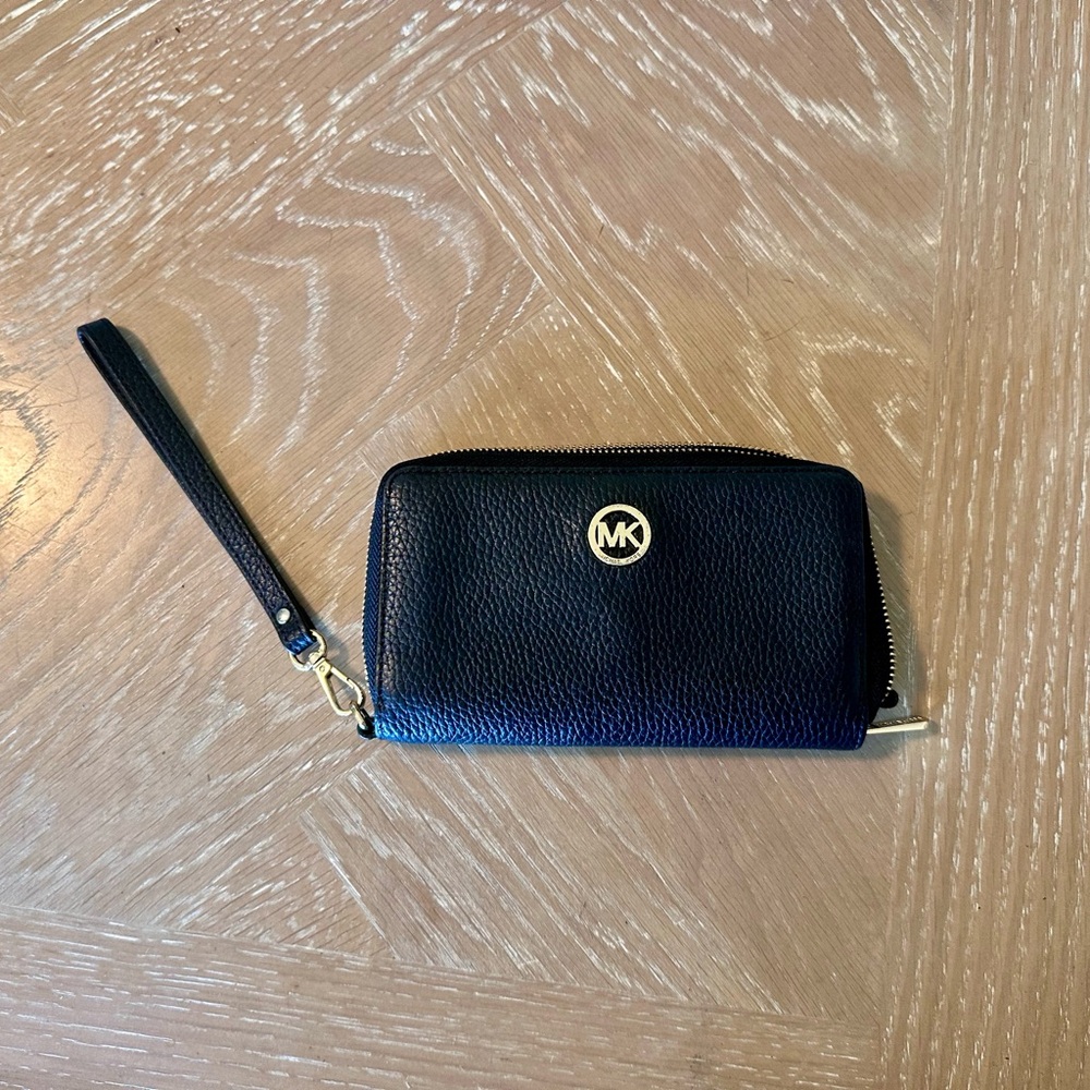 Michael Kors Black Pebbled Leather Zip Wristlet with Gold Logo
